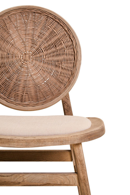 White Wash Wood and Round Rattan Dining Chair with Beige Seat
