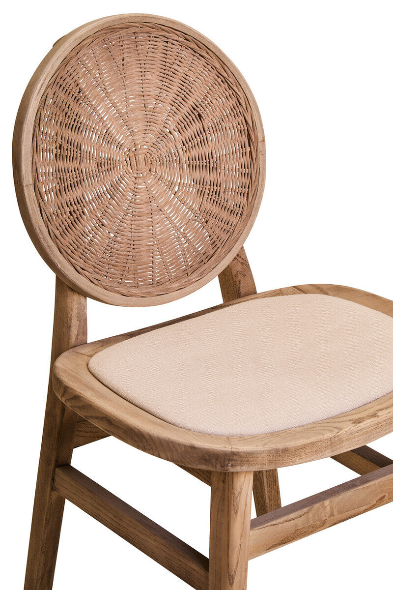 White Wash Wood and Round Rattan Dining Chair with Beige Seat