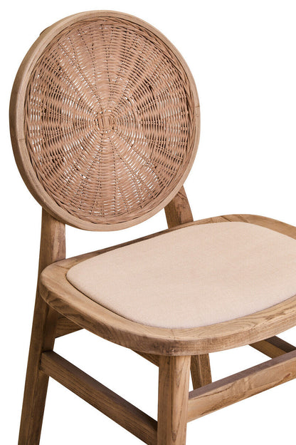 White Wash Wood and Round Rattan Dining Chair with Beige Seat