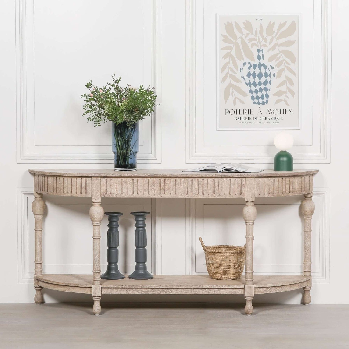 Acacia Wooden Curved Console Table with Storage Shelf