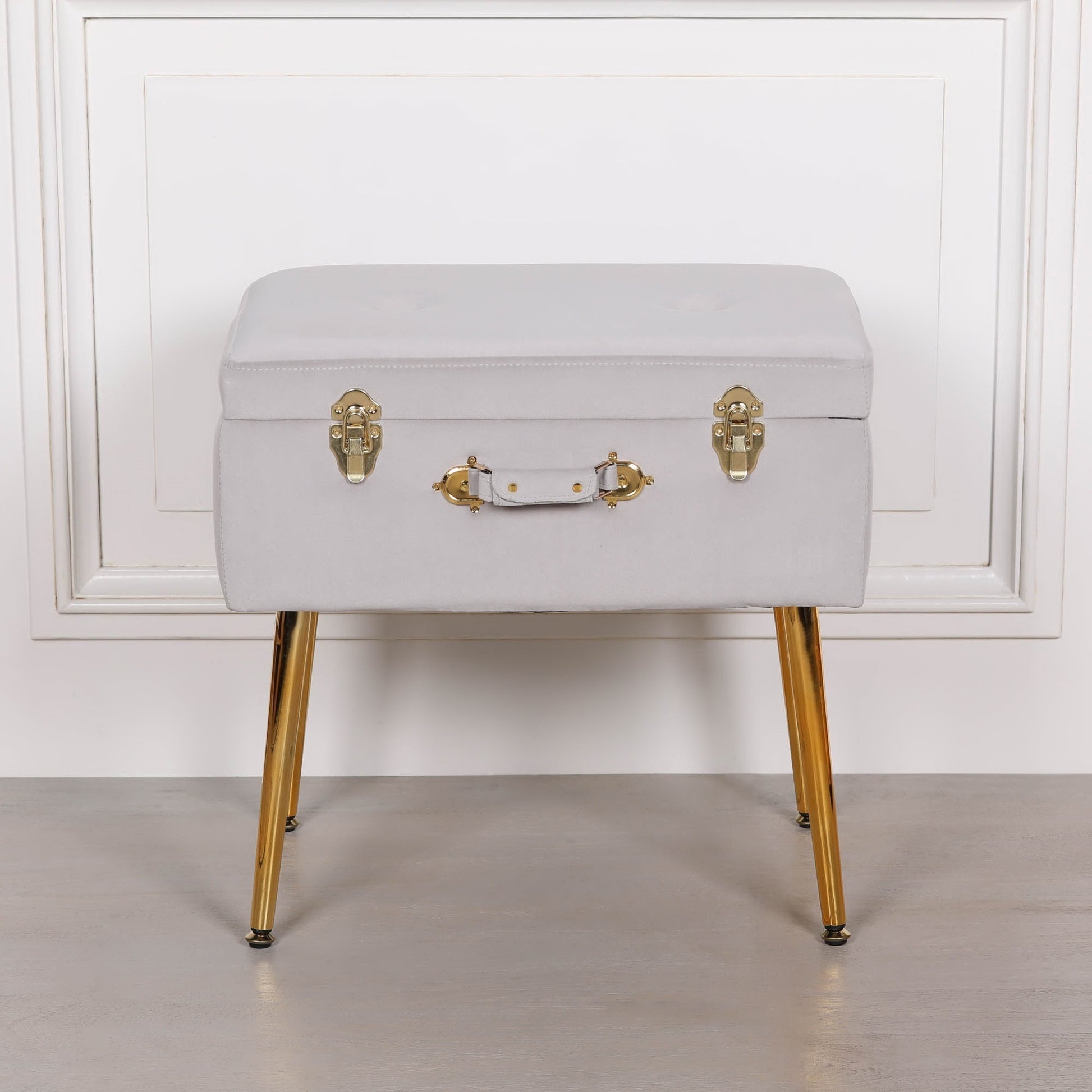 Grey Suitcase Stool with Gold Legs