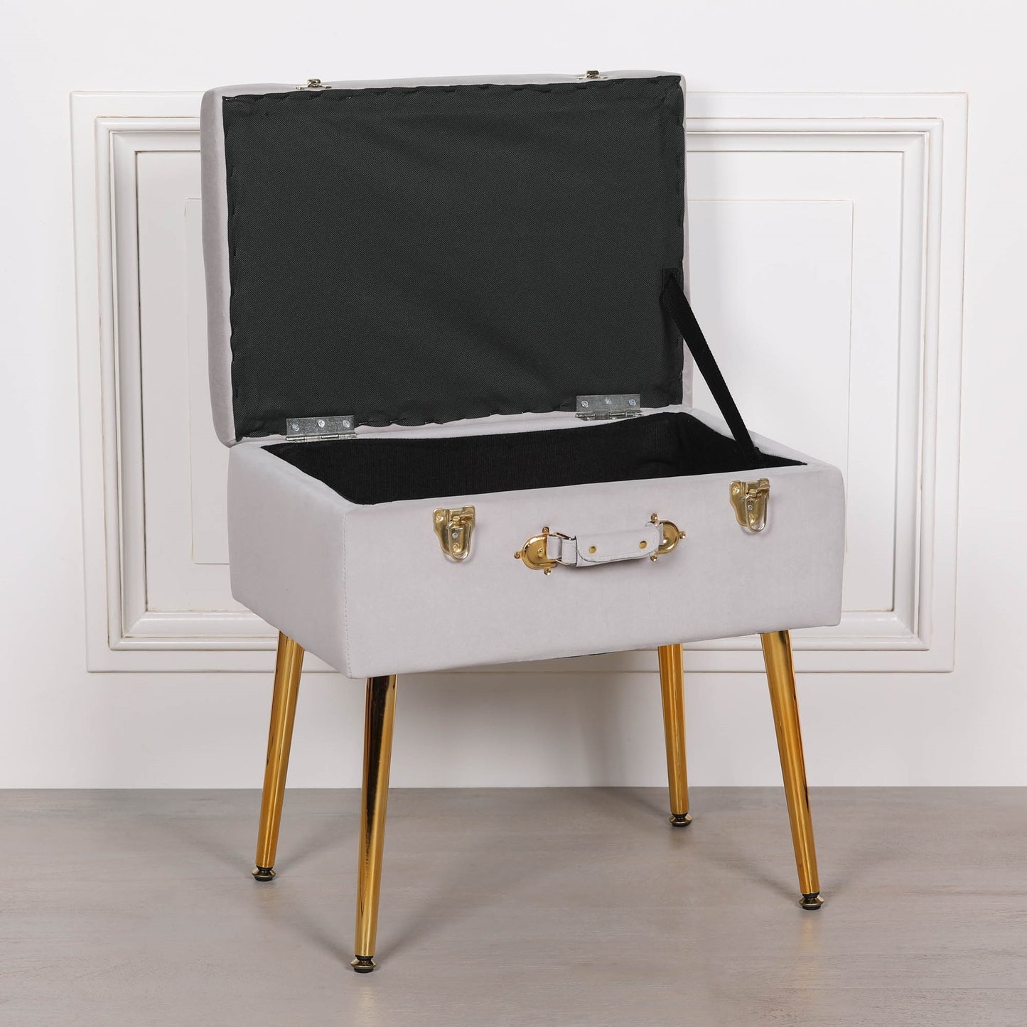 Grey Suitcase Stool with Gold Legs