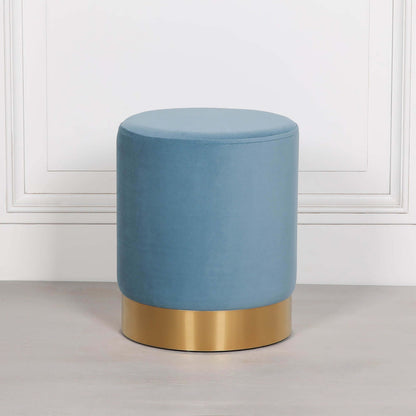 Ocean Blue Round Velvet Stool With Gold Base