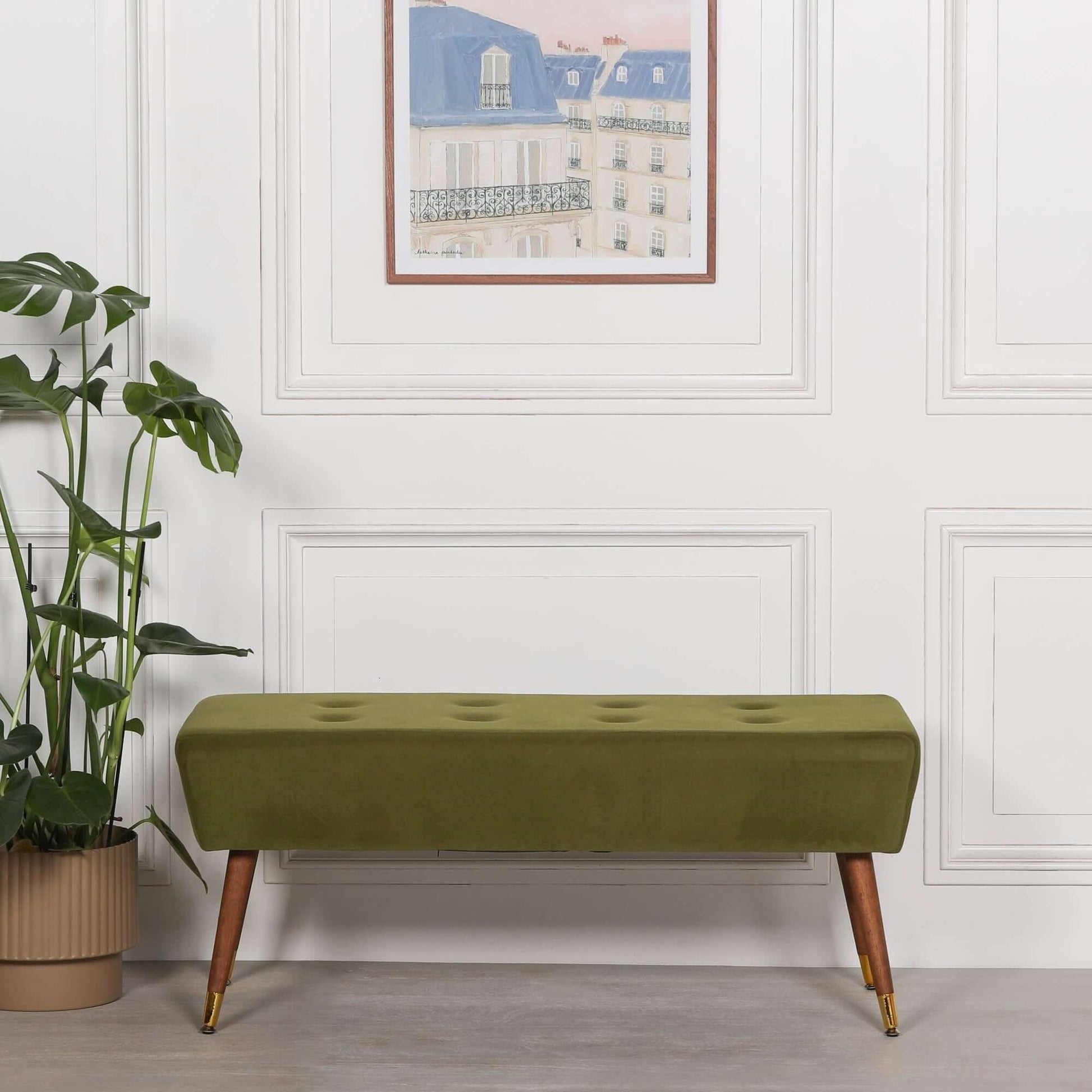 Olive Green Ottoman Velvet Bench With Wooden Legs Gold Feet