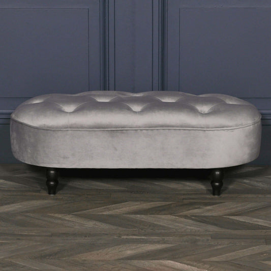 Grey Velvet Button Ottoman Bench Black Legs