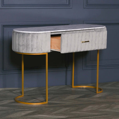 Grey Velvet Vanity Dressing Table with Marble Top and Gold Legs Grey Velvet Vanity Dressing Table with Marble Top and Gold Legs