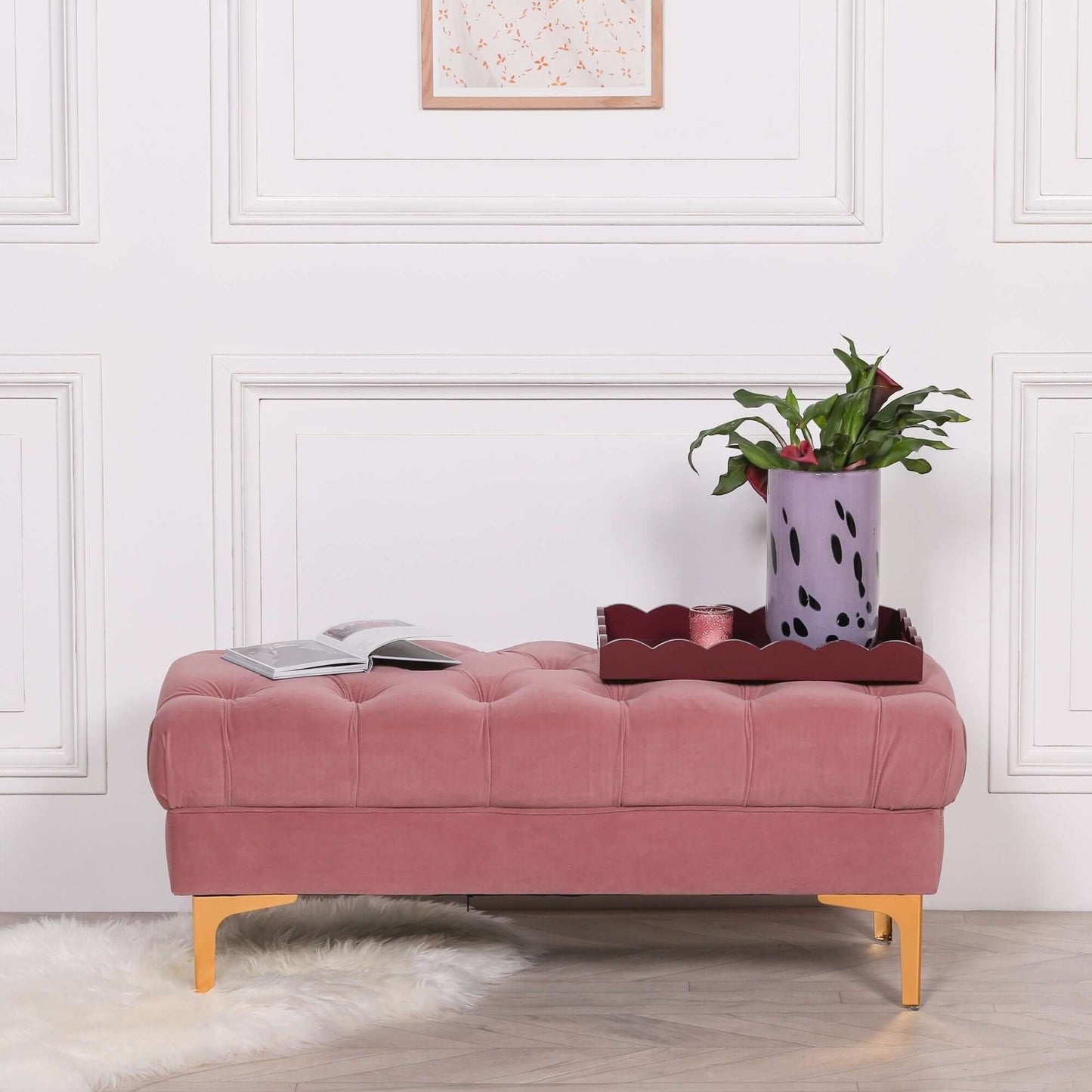 Pink Velvet Buttoned Ottoman Stool