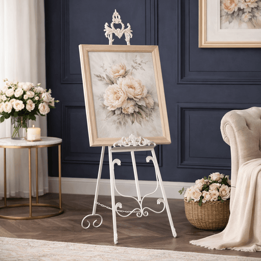 Floral painting on an easel in a stylish room with dark walls and decorative elements.