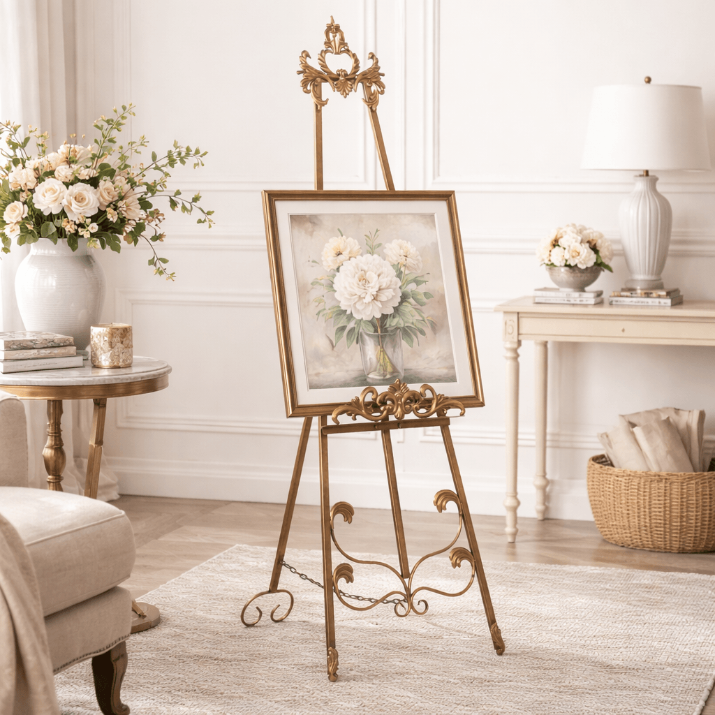 Decorative painting on a gold easel in a home setting with flowers and furniture.