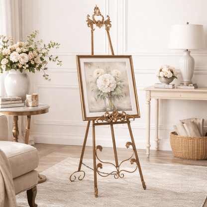 Decorative painting on a gold easel in a home setting with flowers and furniture.