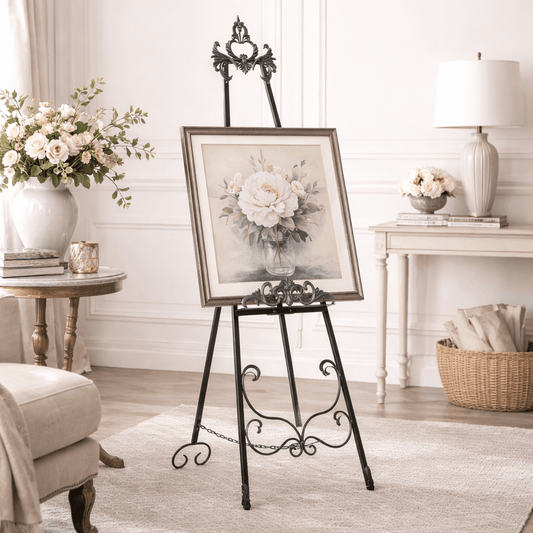 Decorative floral painting on an easel in a home setting with flowers and books.