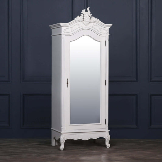 French White Carved Single Door Armoire with Mirrored Door