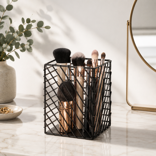 Black wire makeup brush holder with brushes on a marble surface.
