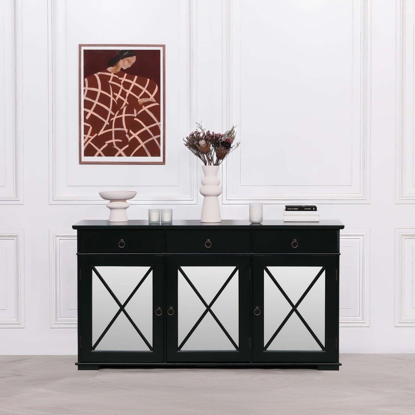 Mirrored Black Sideboard | Oriental Inspired | 3 Drawers