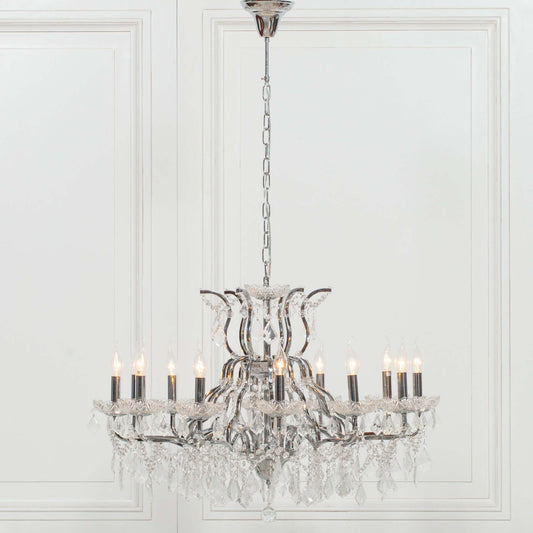 Chrome Chandelier 12 Branch Shallow Cut Glass French Chic Style