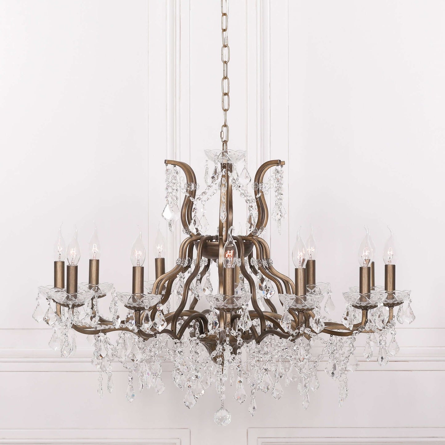 Gold 12 Branch Shallow Cut Glass Chandelier