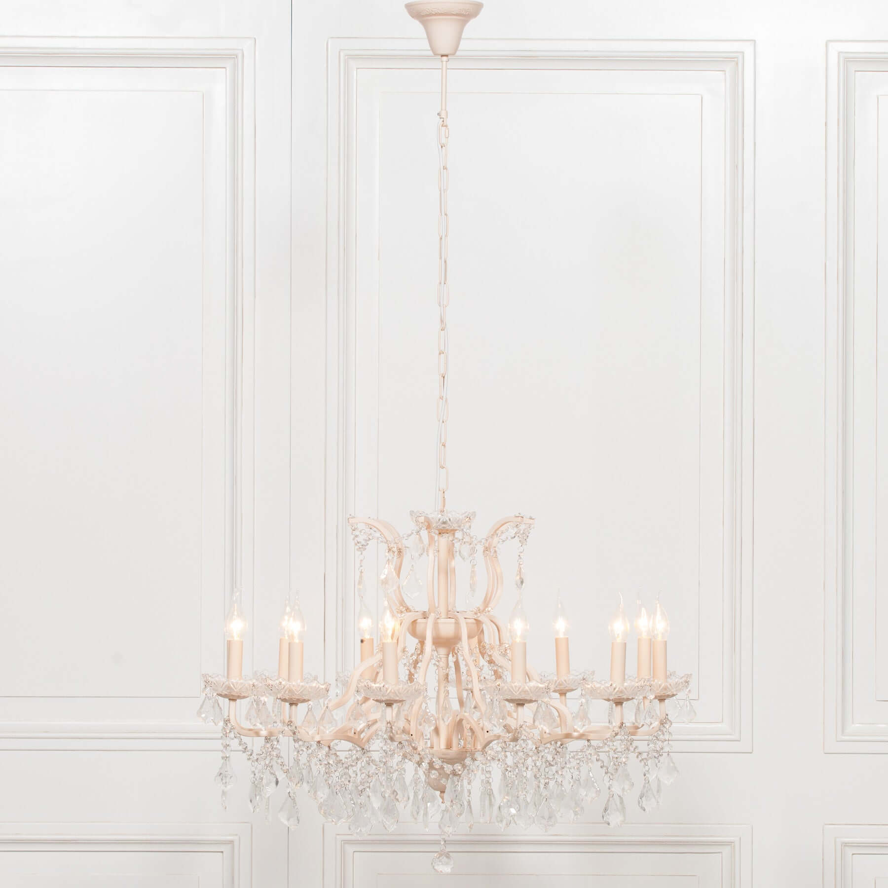 Cream 12 Branch Shallow Cut Glass Chandelier