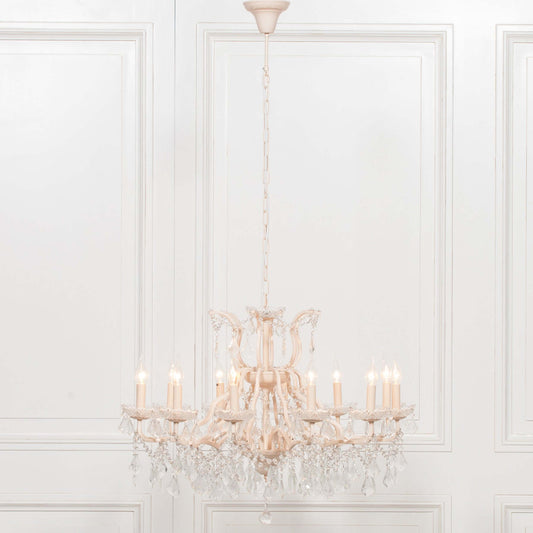 Cream 12 Branch Shallow Cut Glass Chandelier