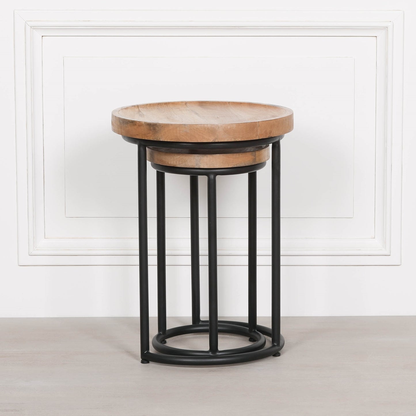 Iron Framed Nested Side Occasional Tables with Wooden Top