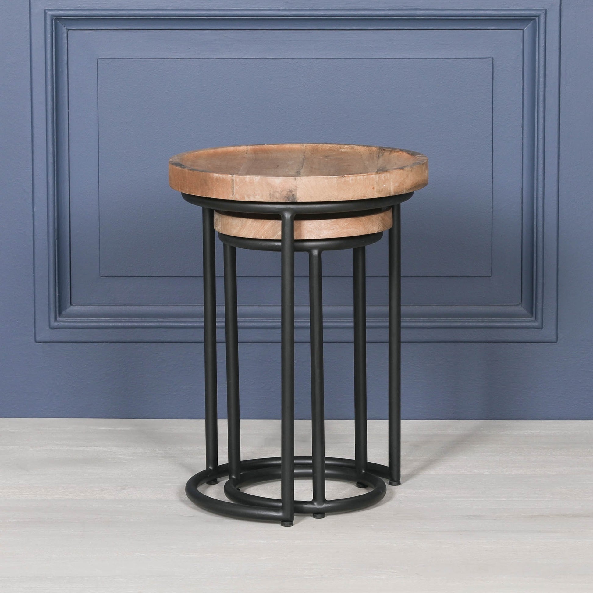 Iron Framed Nested Side Occasional Tables with Wooden Top