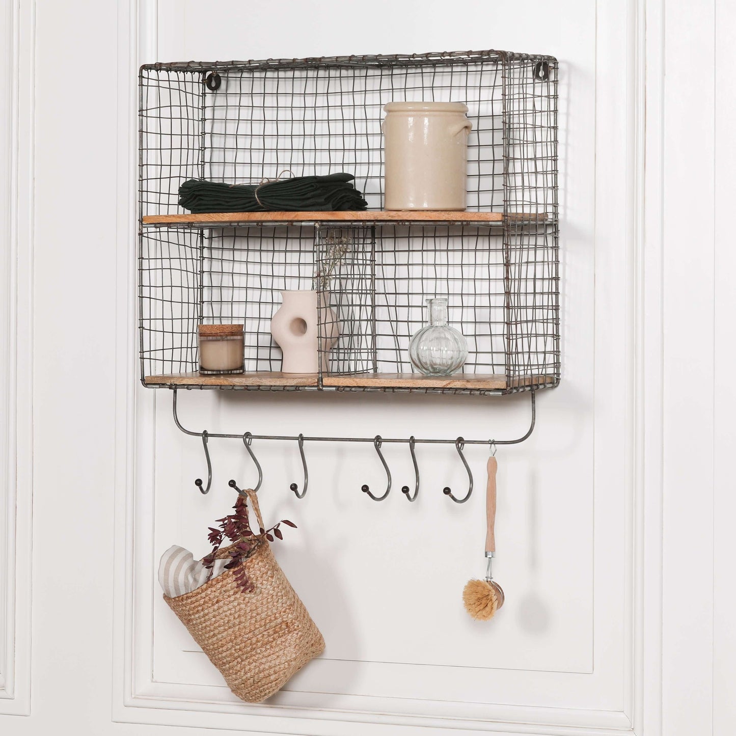 Wire 3 Compartment Wall Shelf with Wood Shelves and Hooks