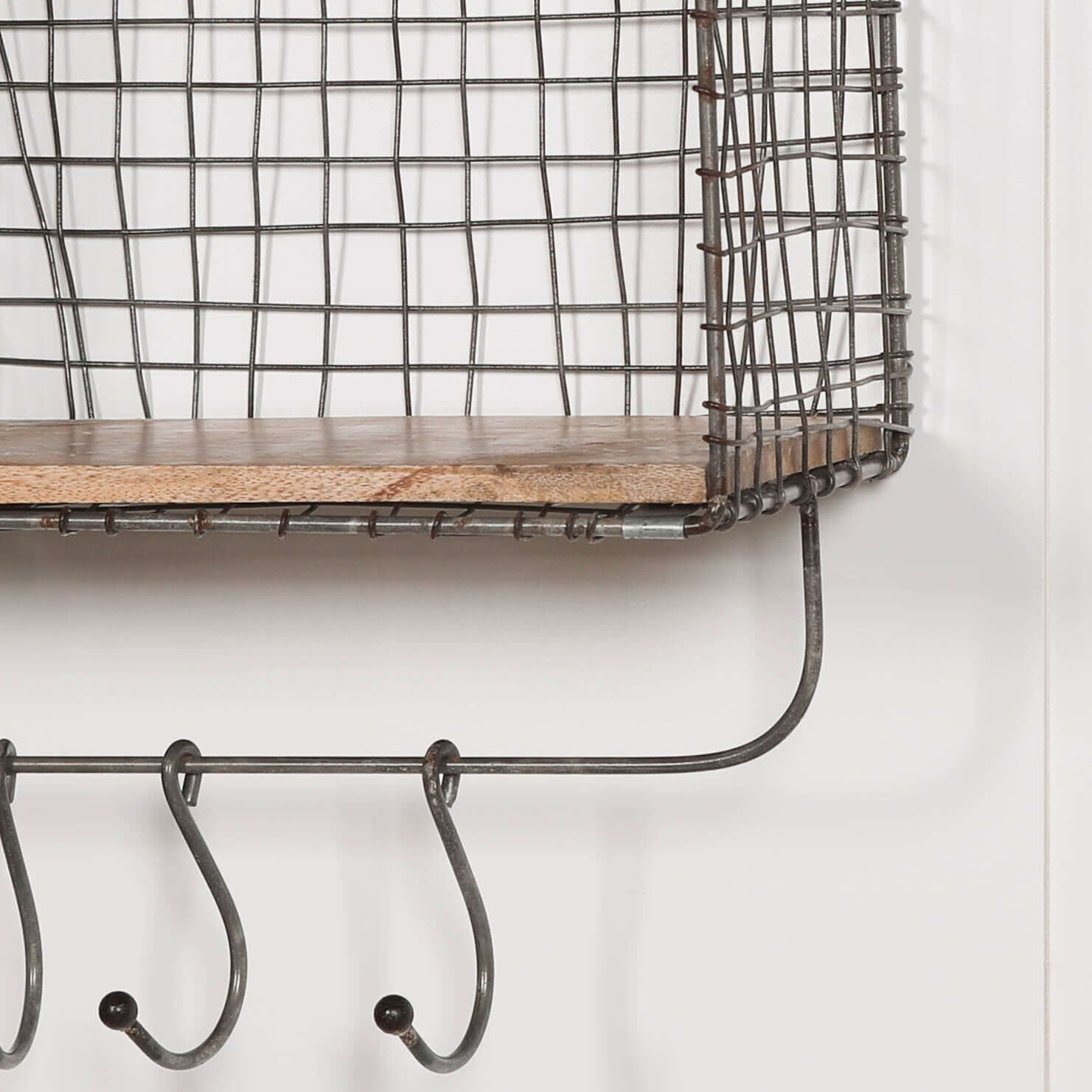 Wire 3 Compartment Wall Shelf with Wood Shelves and Hooks