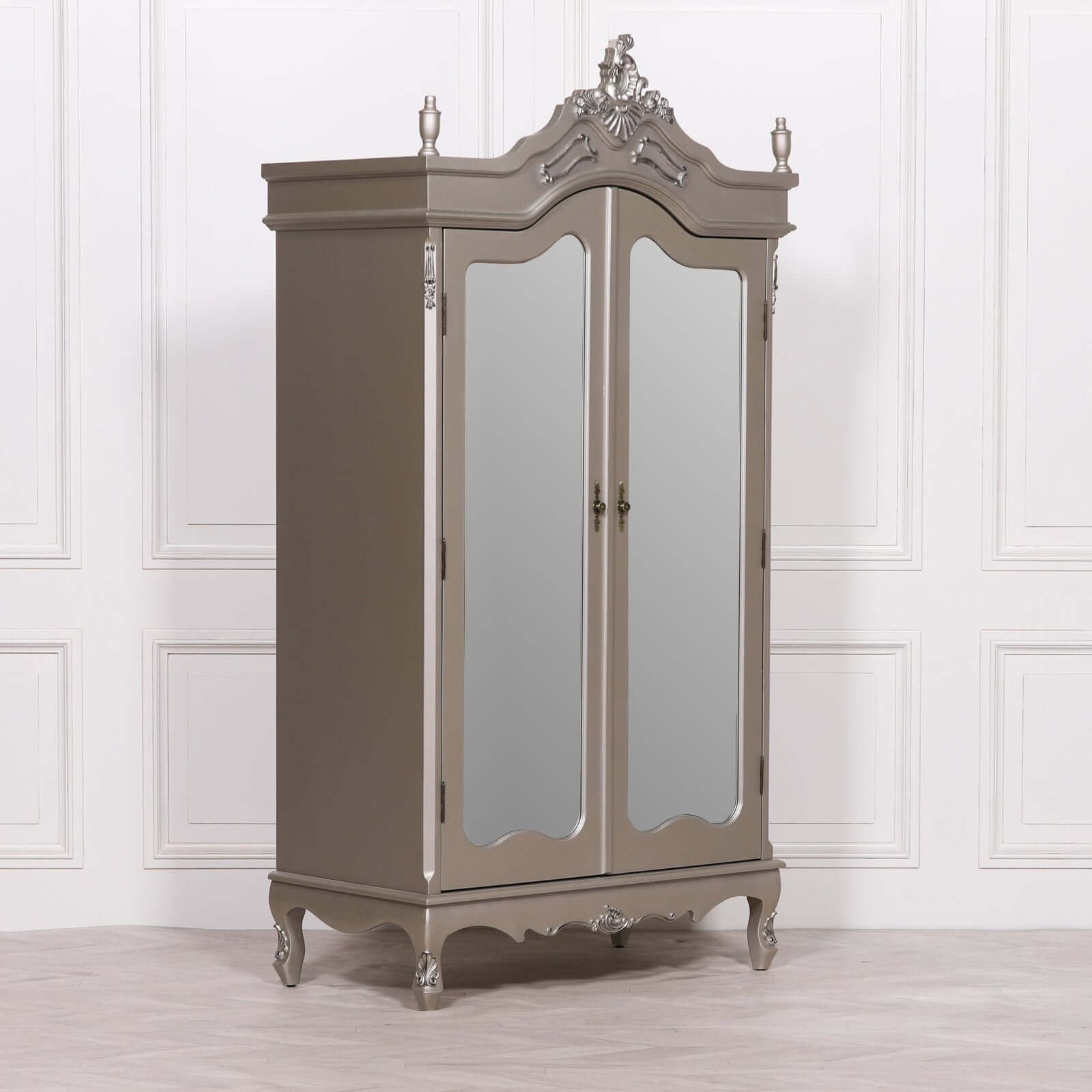 French Antique Silver Double Mirrored Door Armoire