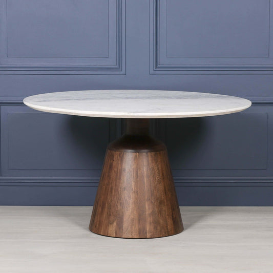 Natural marble round dining table with acacia wood base, modern design, 135cm width.