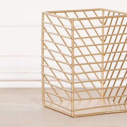 Gold Painted Square Metal Storage Basket with a geometric design, perfect for stylish organization.