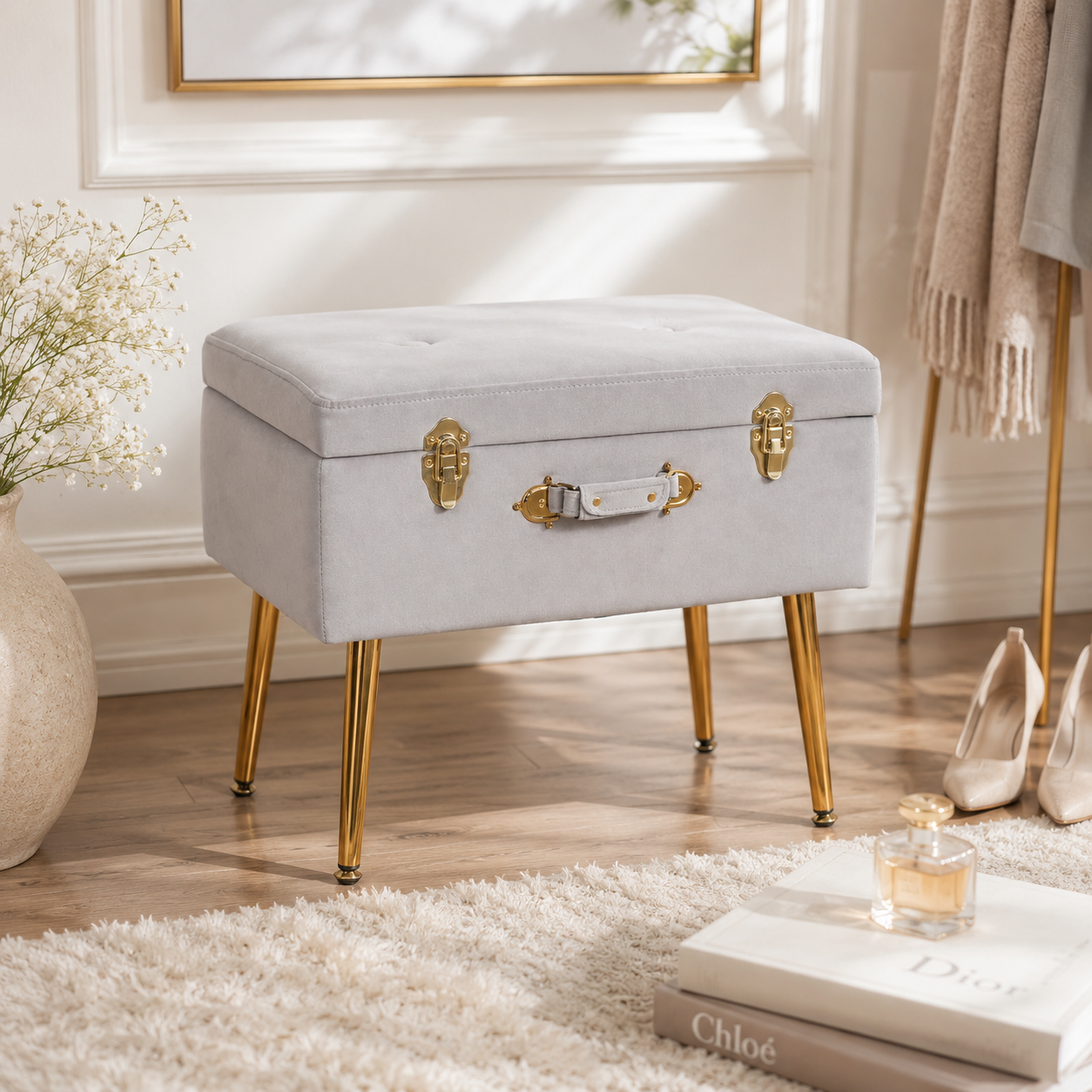 Grey Velvet Storage Suitcase Stool with Gold Legs