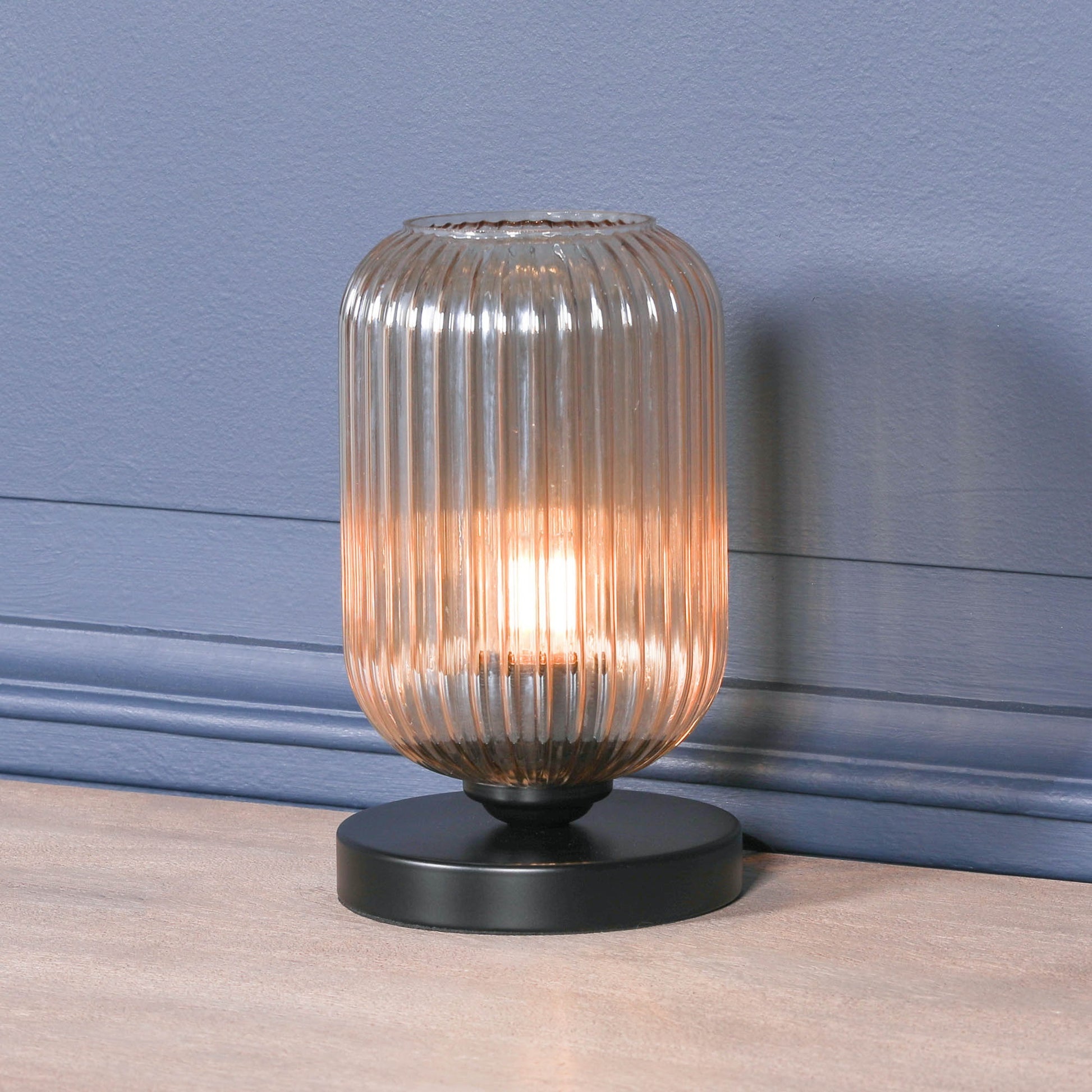 Black Metal Table Lamp with Ribbed Smoked Glass Shade