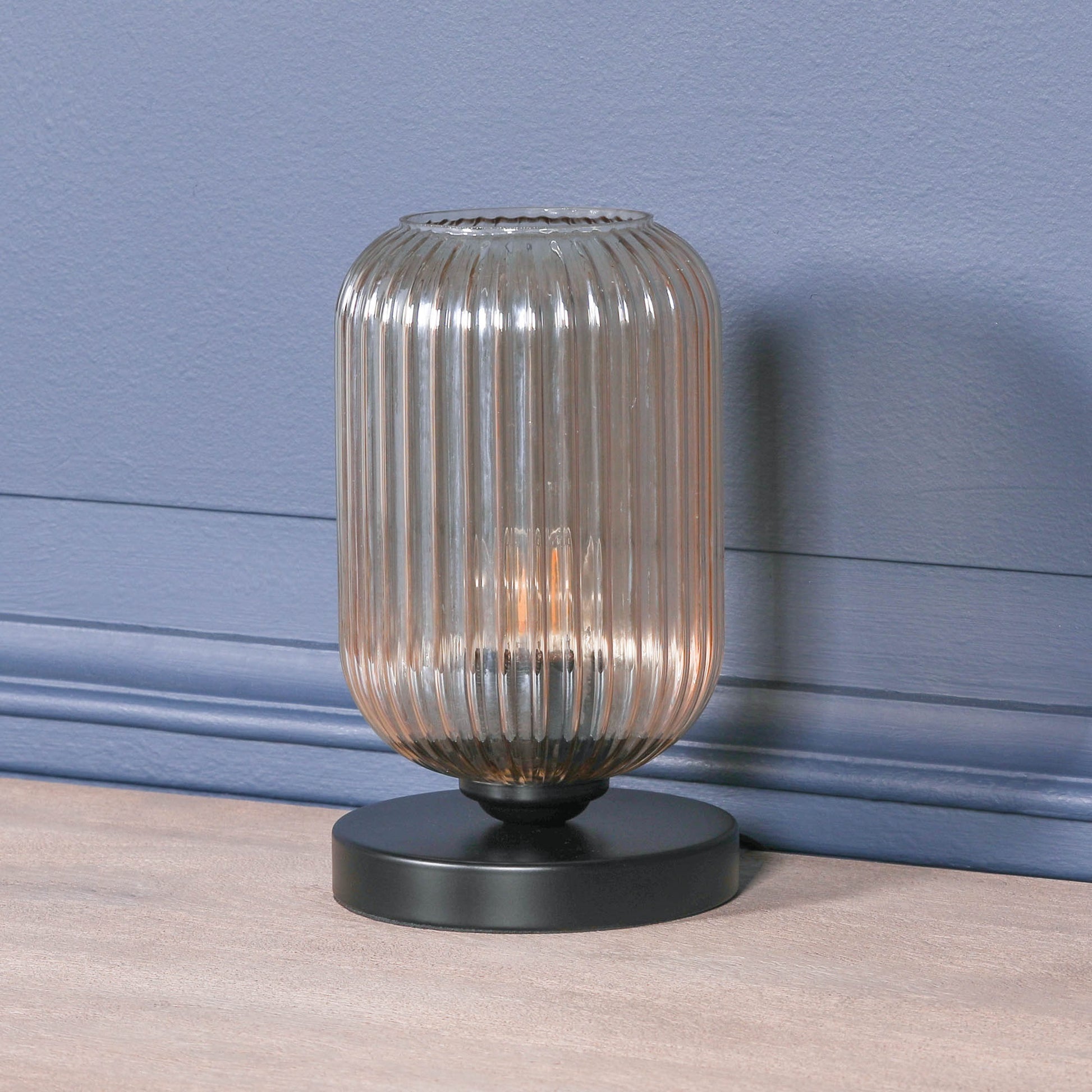 Black Metal Table Lamp with Ribbed Smoked Glass Shade