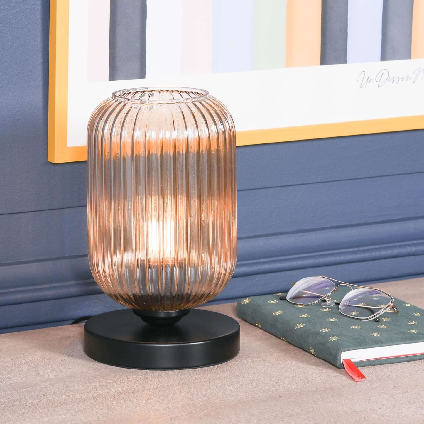 Black Metal Table Lamp with Ribbed Smoked Glass Shade