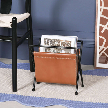 Iron Frame Leather Magazine Storage Basket