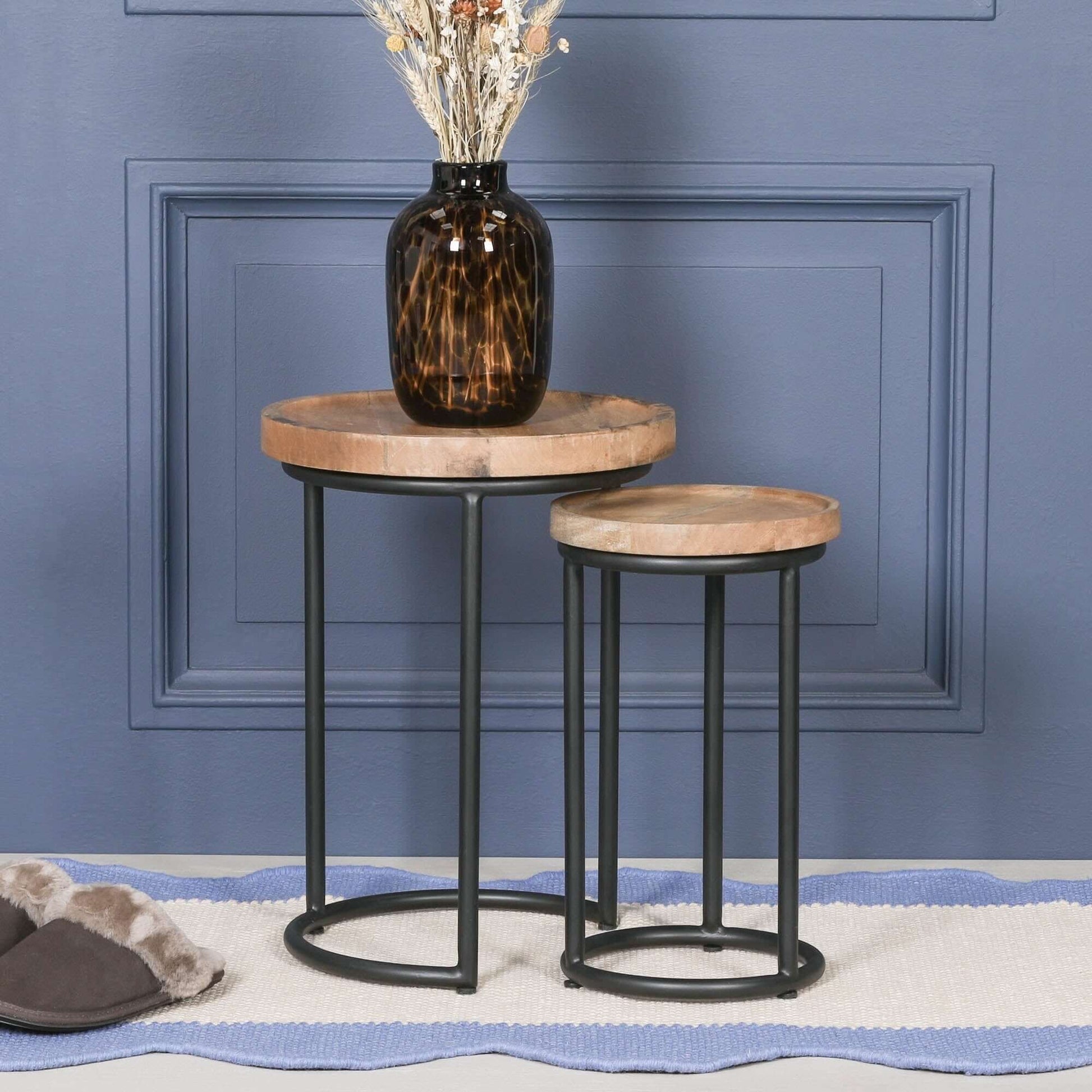 Iron Framed Nested Side Occasional Tables with Wooden Top in a stylish living room setting.