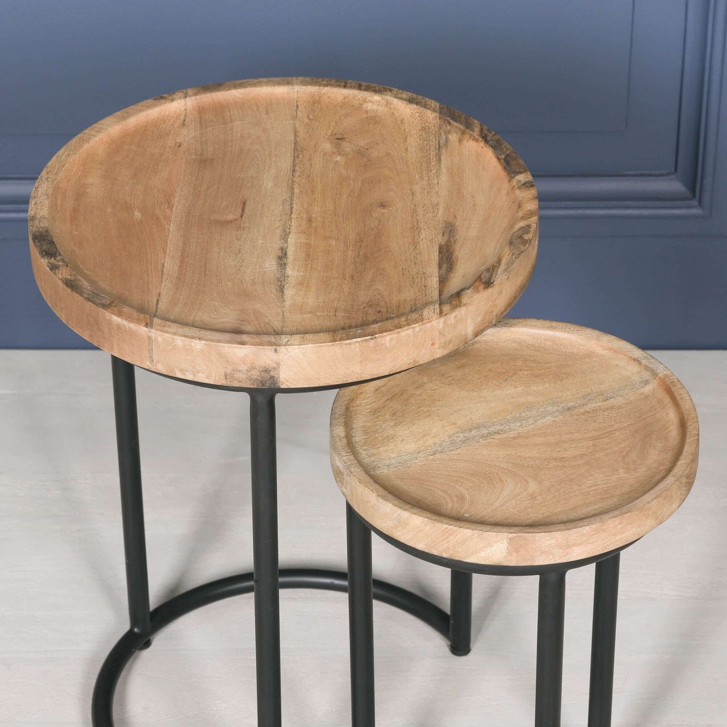 Iron Framed Nested Side Occasional Tables with Wooden Top displayed together, showcasing the iron and mango wood design.