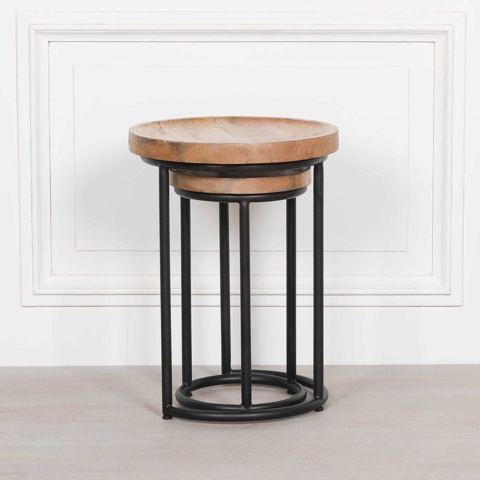 Iron Framed Nested Side Occasional Tables with Wooden Top