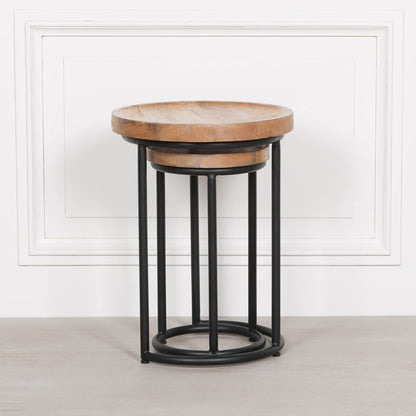Iron Framed Nested Side Occasional Tables with Wooden Top