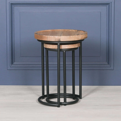 Iron Framed Nested Side Occasional Tables with Wooden Top - large table design showcasing iron frame and wooden top.