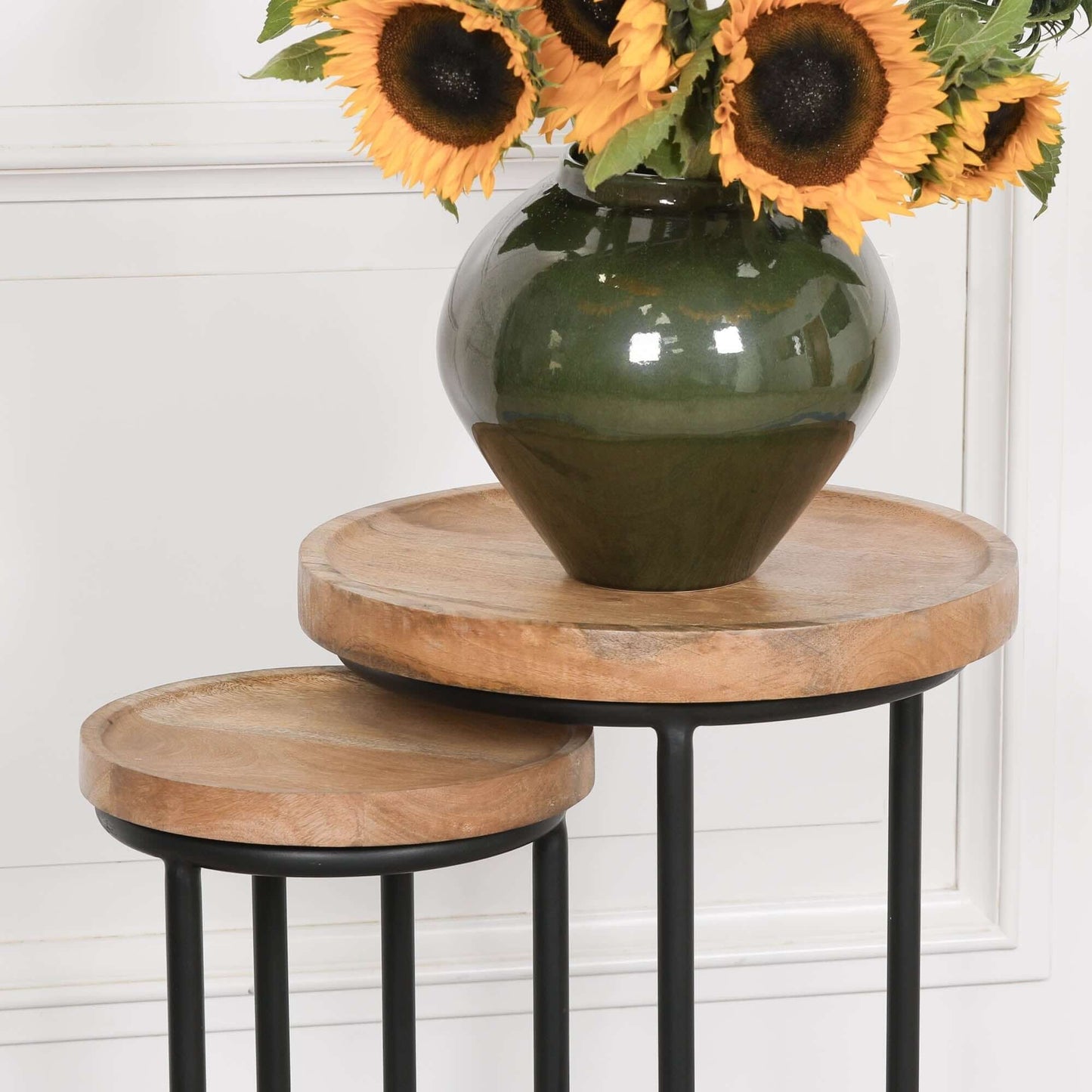 Iron Framed Nested Side Occasional Tables with Wooden Top featuring wooden tops and iron frames, showcased with sunflowers.