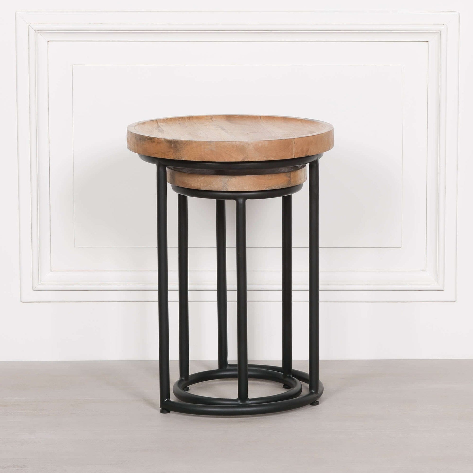 Iron Framed Nested Side Occasional Tables with Wooden Top in stylish design featuring mango wood tops.