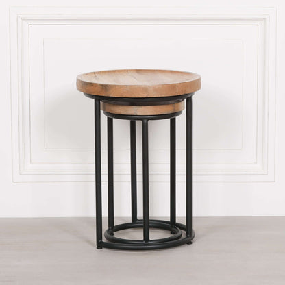 Iron Framed Nested Side Occasional Tables with Wooden Top in stylish design featuring mango wood tops.