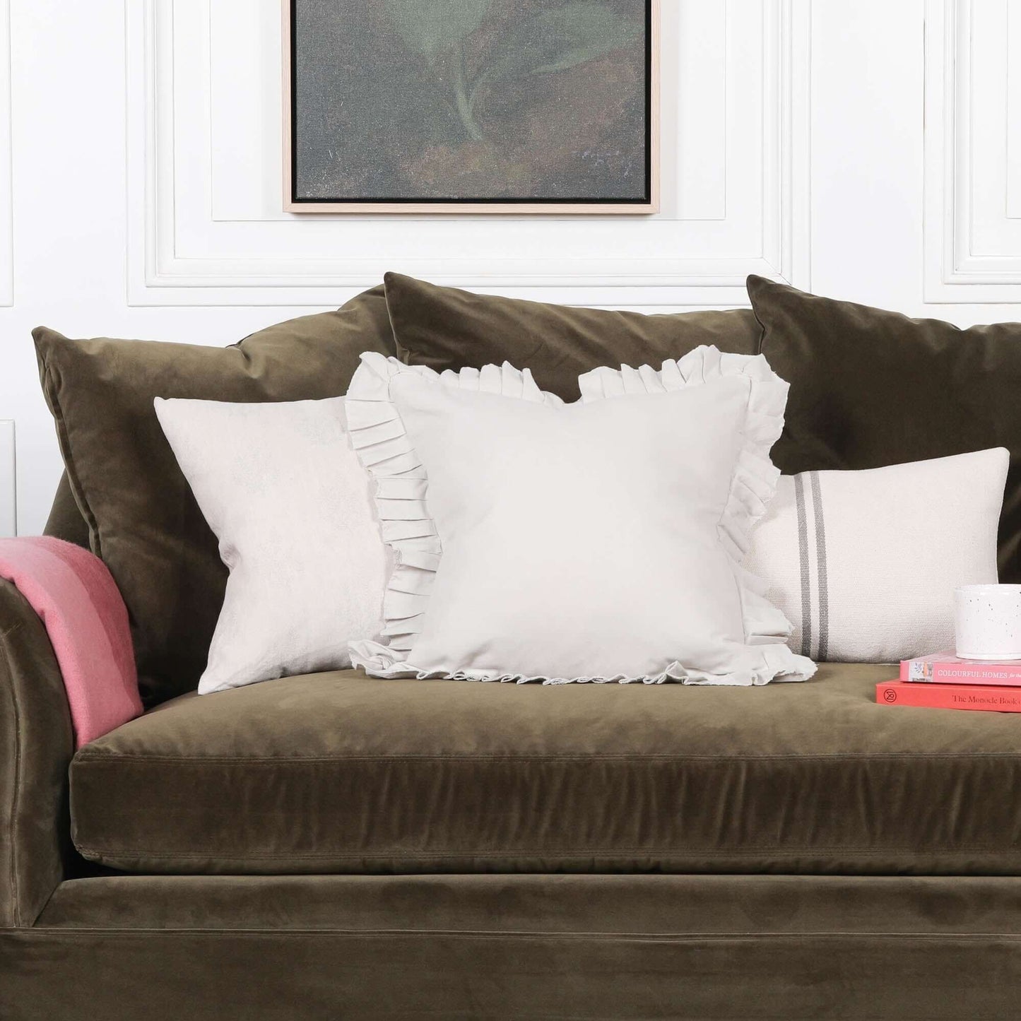 Silver Birch Grey Pink Cotton Frill 45cm Cushion Cover