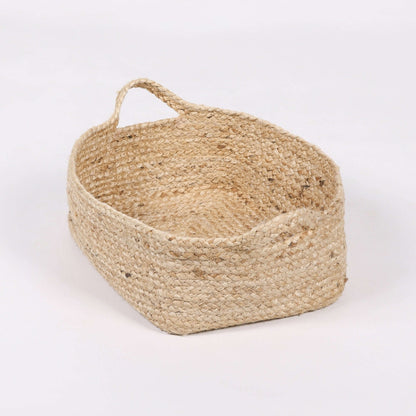 Jute Magazine Storage Basket showcasing a woven design with handles, perfect for organizing magazines.