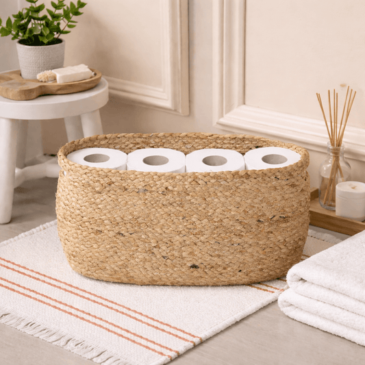 Woven basket with toilet paper rolls on a bathroom floor