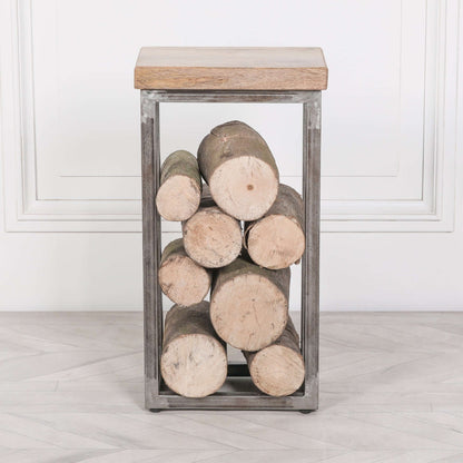 Iron Frame Log Store Side Table with Wooden Top