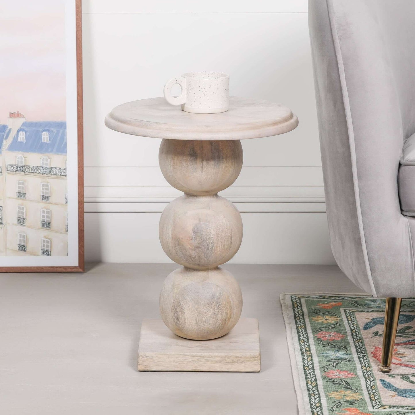 Blanchie Finish Wooden Occasional Side Table with Ball Shaped Column