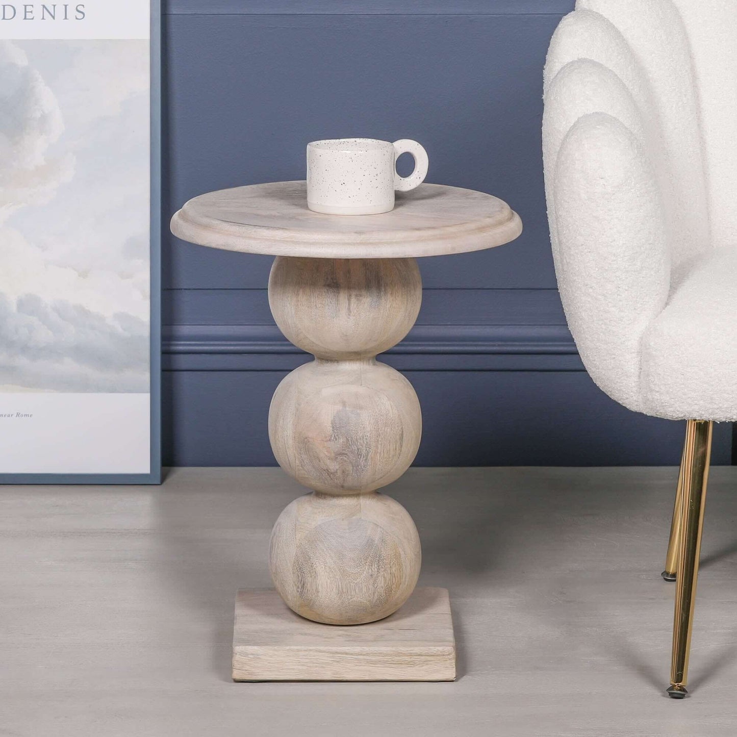 Blanchie Finish Wooden Occasional Side Table with Ball Shaped Column