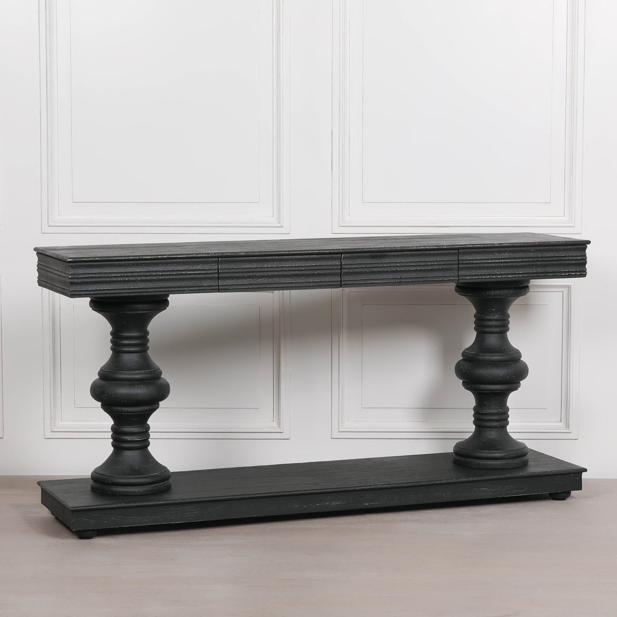 180cm Black Distressed Console Table with Drawers