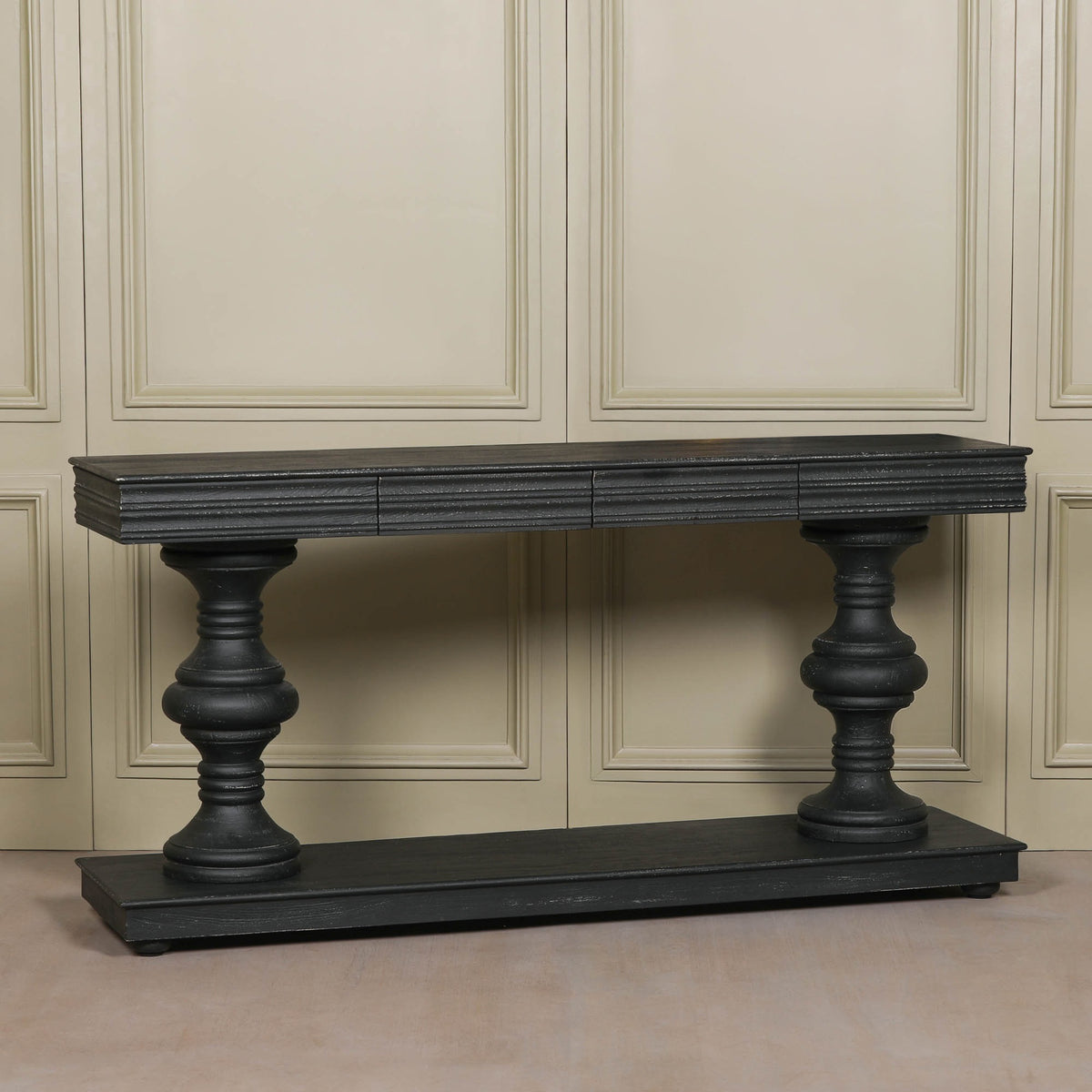 180cm Black Distressed Console Table with Drawers